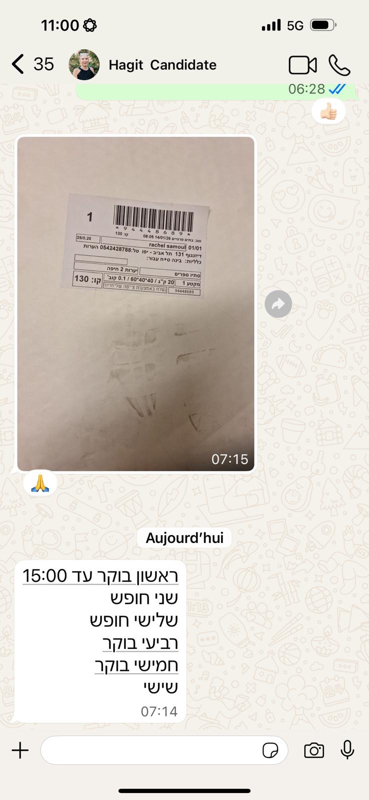 WhatsApp messages from team members with their weekly availability